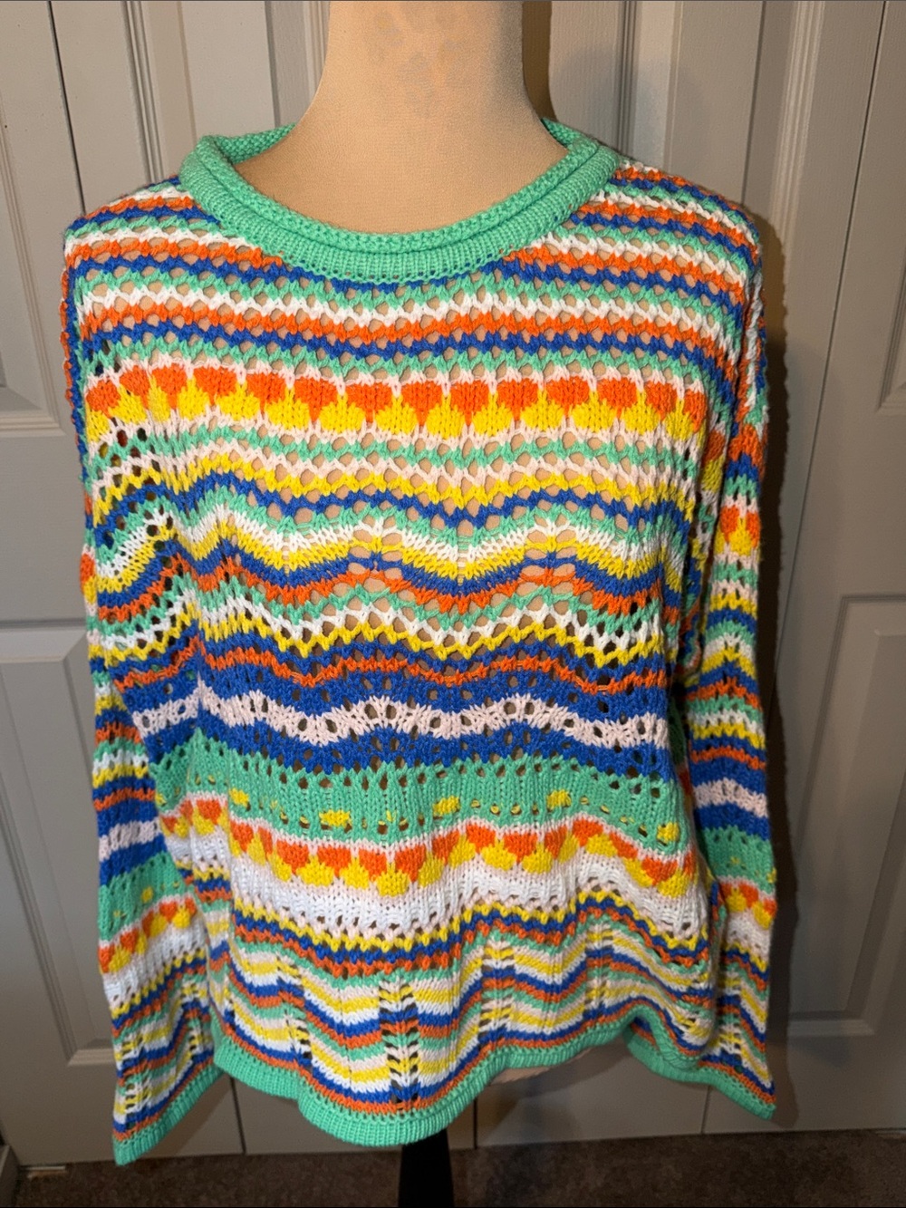 Multicolored Open Chevron Knit Long Sleeve Sweater Women's Size Large